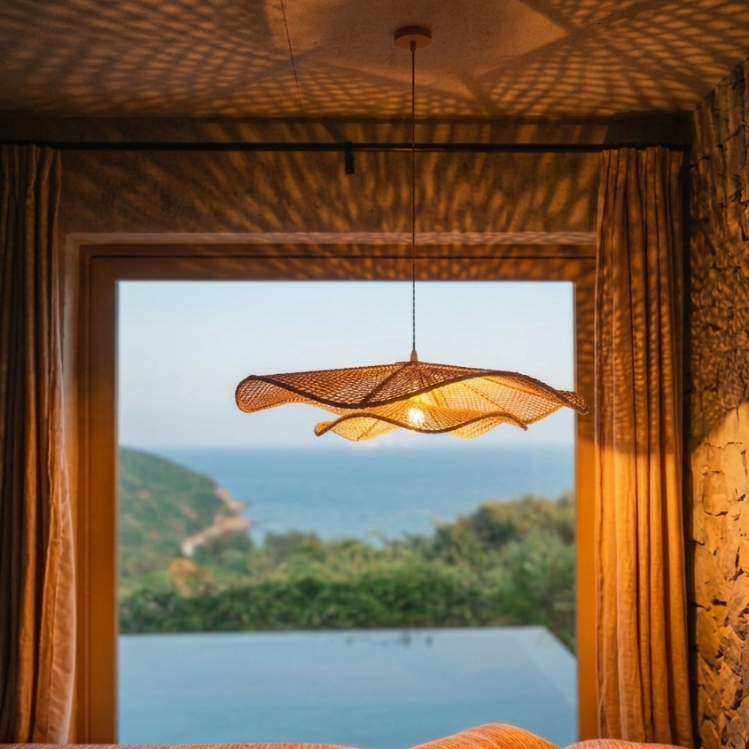 Zen-inspired Wabi-Sabi rattan petal lamp for sustainable eco-resort projects