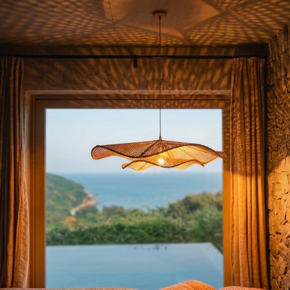 Zen-inspired Wabi-Sabi rattan petal lamp for sustainable eco-resort projects