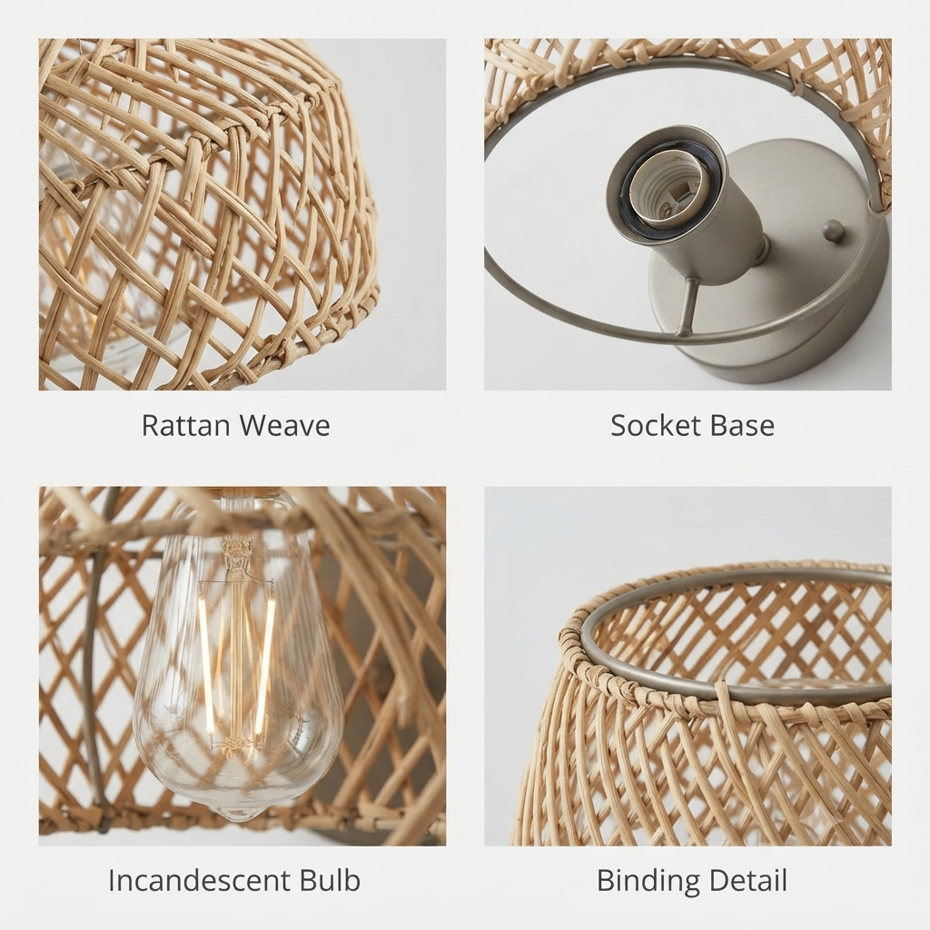 Four-panel close-up collage of a woven rattan lampshade or light fixture component, labeled 'Rattan Weave,' 'Socket Base,' 'Incandescent Bulb,' and 'Binding Detail' on a light gray background.