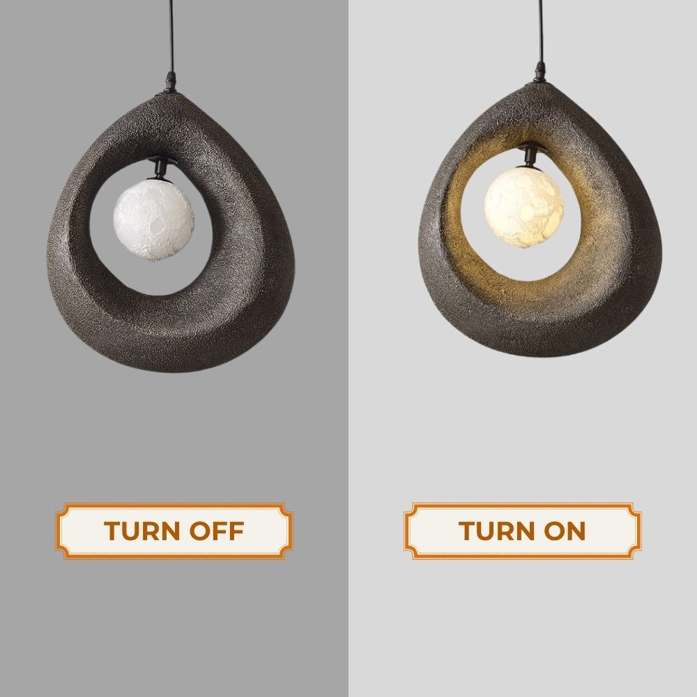 Aesthetic minimalist stone hanging lamp with warm mood lighting