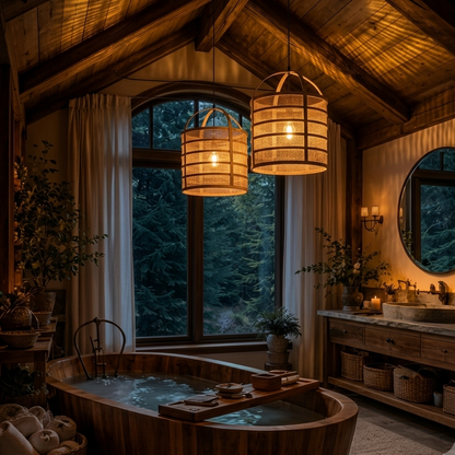 Sustainable handmade bamboo light, creates a tranquil spa atmosphere in the bathroom.