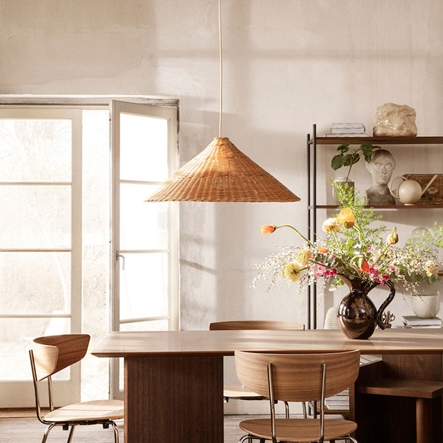 Minimalist Wabi-Sabi bamboo funnel light pairing beautifully with earthy ceramics, raw concrete walls, and neutral home decor tones.