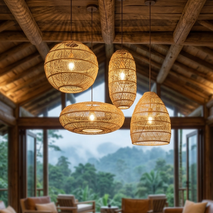 Artisan-crafted rattan lighting set featuring diverse shapes for a modern look