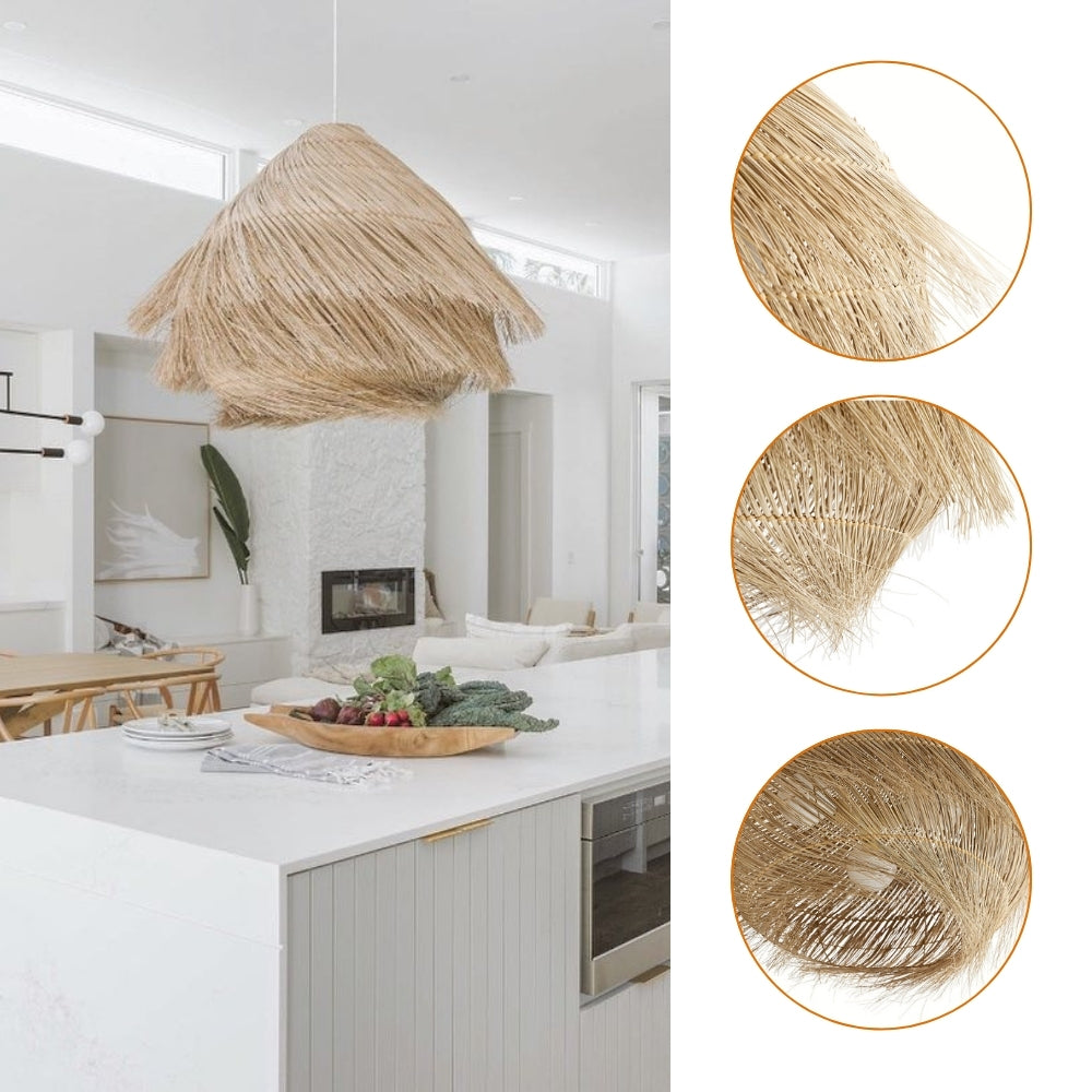 Premium straw thatch ceiling light showcasing a unique blend of tight wicker weaving and loose fringe fibers.