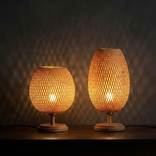 Eco-friendly bamboo desk lamp styled for a cozy home, offering warm and inviting illumination for living spaces.