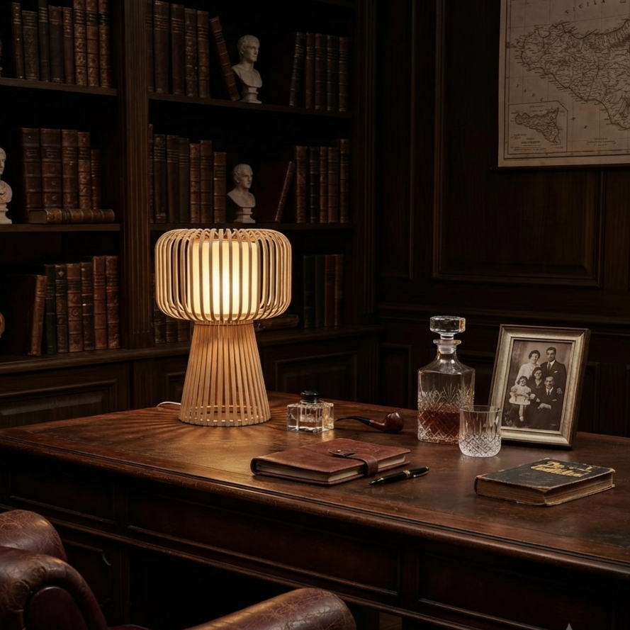 A ribbed bamboo table lamp glowing warmly on a dark wooden desk in a vintage study setting with bookshelves, a decanter, and framed photographs.