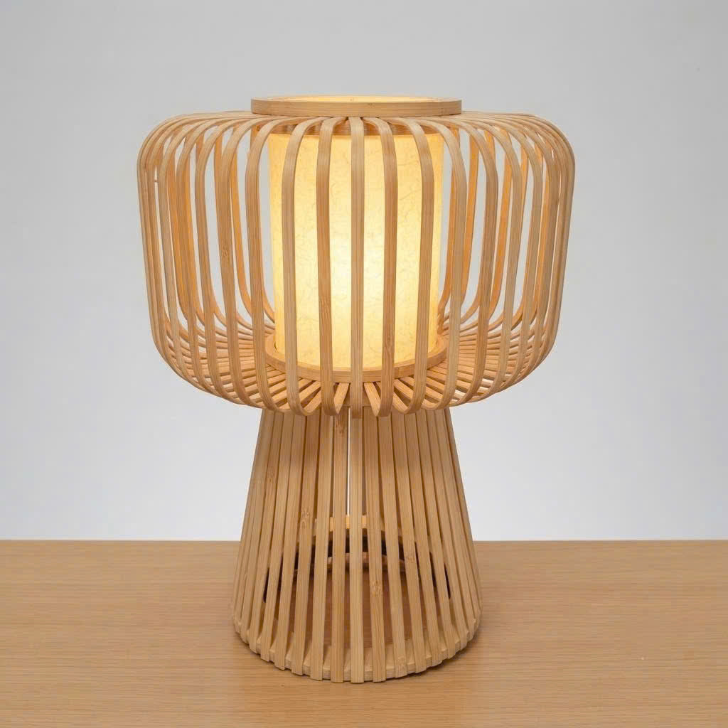 Natural fiber bamboo desk lamp styled in Japandi zen aesthetics, providing sustainable lighting decor for modern home offices.