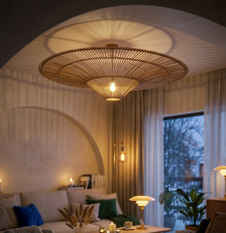 Large bamboo pendant light fixture hanging in a cozy minimalist Scandinavian living room with a beige sofa