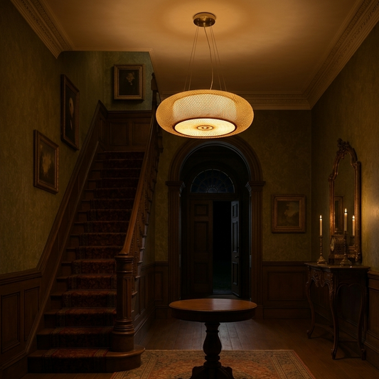 A detailed view of a modern bamboo pendant light fixture illuminating a traditional vintage hallway at night