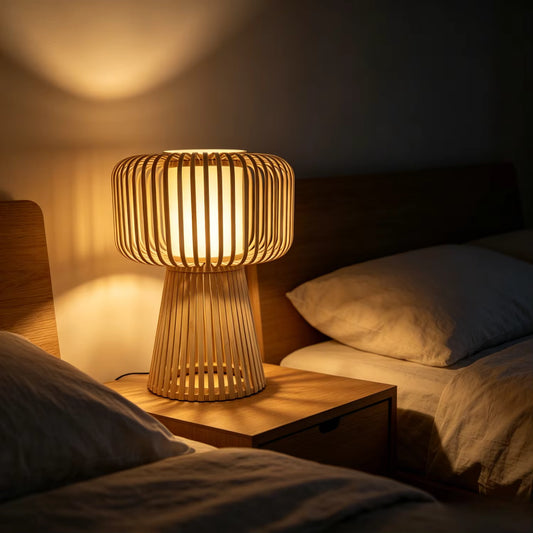 Handmade bamboo table lamp featuring a Scandinavian minimalist design, perfect as an eco-friendly bedside lamp for cozy bedrooms.
