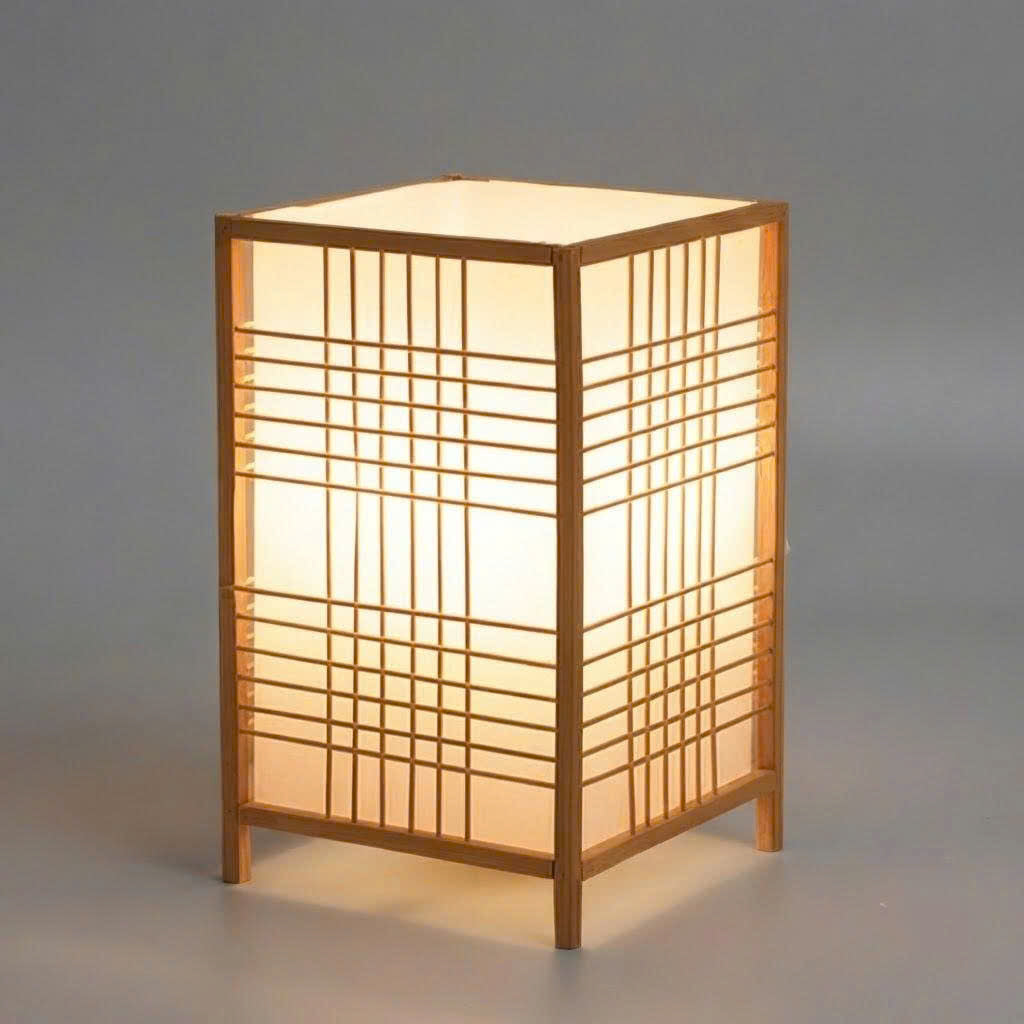 Eco-friendly shoji grid table lamp casting a warm, welcoming glow ideal for living room side tables and modern spaces.