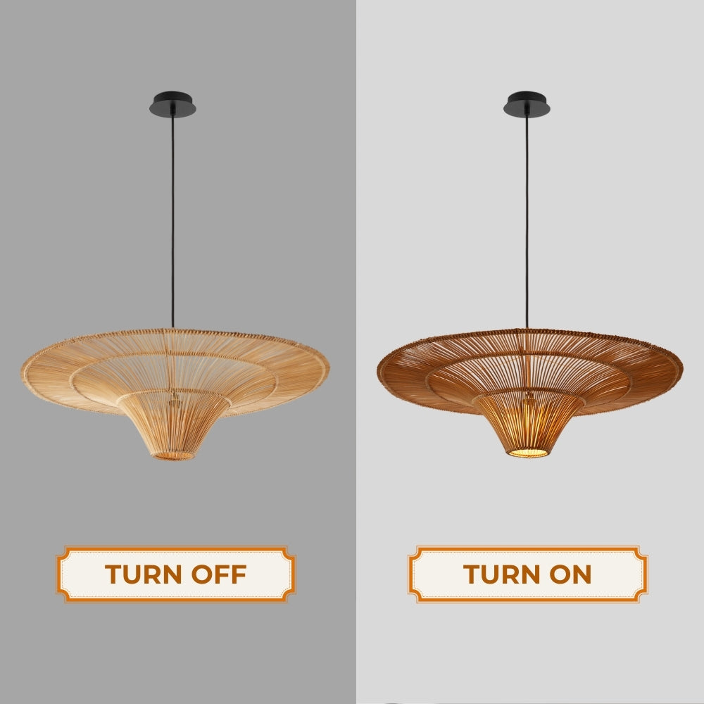 Handwoven bamboo hanging light shade perfect for restaurant, cafe, and resort interior design decoration