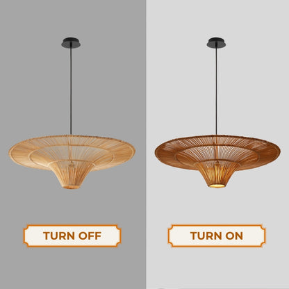 Handwoven bamboo hanging light shade perfect for restaurant, cafe, and resort interior design decoration