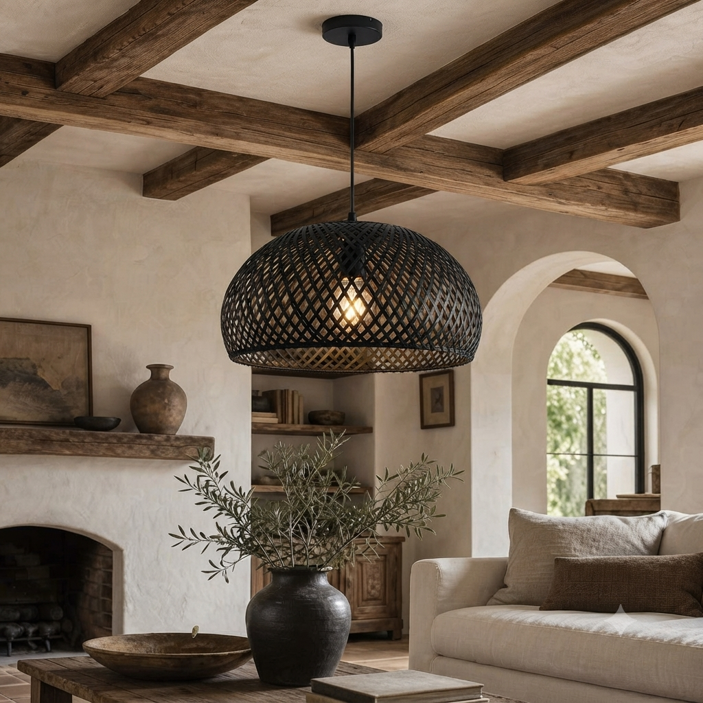 A stylish black woven bamboo dome pendant light hanging from a wooden beam ceiling in a rustic living room with arched doorways and neutral decor.