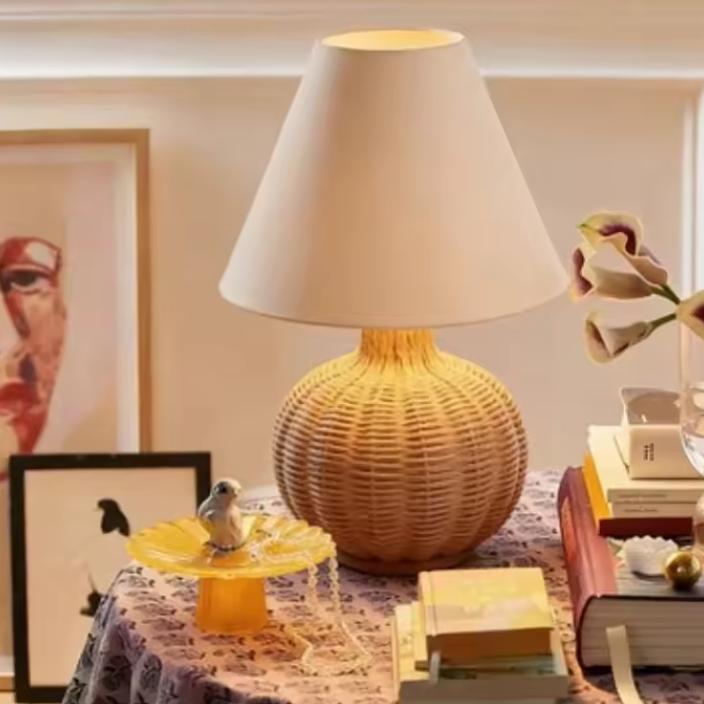 Bohemian boho table lamp pair wrapped in textured rattan with classic cloth shades, ideal for cozy nightstand styling.
