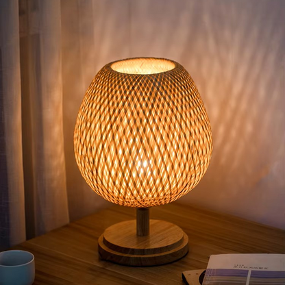 Bohemian boho table lamp set wrapped in textured rattan weave, ideal for styling cozy nightstands and consoles.