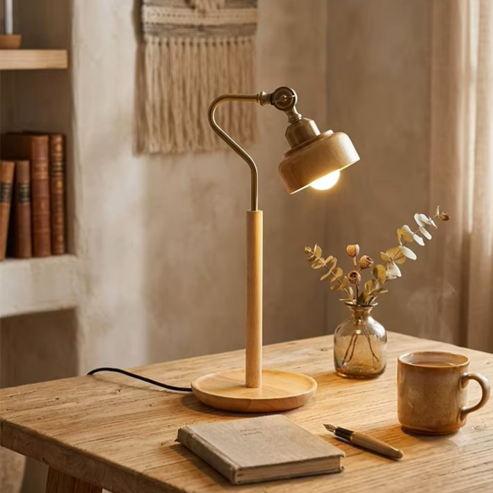 A warm, rustic table lamp with a light wood base and stem, a curved metal neck, and a beige shade glowing with a warm light, styled on a wooden desk next to a mug, notebook, and small vase.