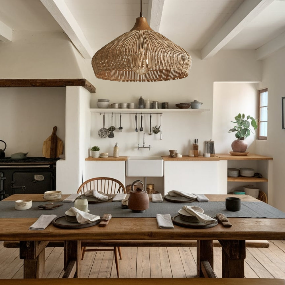 Beautiful rattan and wood lamp hanging over a modern kitchen island for accent lighting.