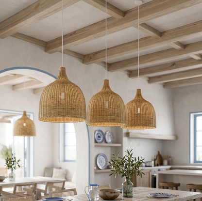 Boho-style natural wicker lamp that adds texture and warmth to any interior.