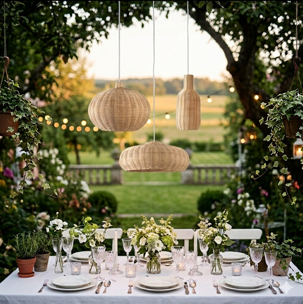 A set of natural rattan hanging lamps creating a boho aesthetic in a dining room.