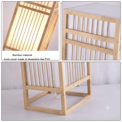 A bamboo-framed lantern or light fixture shown in a collage with close-up detail shots and a full product view on a white studio background. Text in one inset says 'Bamboo material' and 'Inner cover made of sheepskin-like PVC.