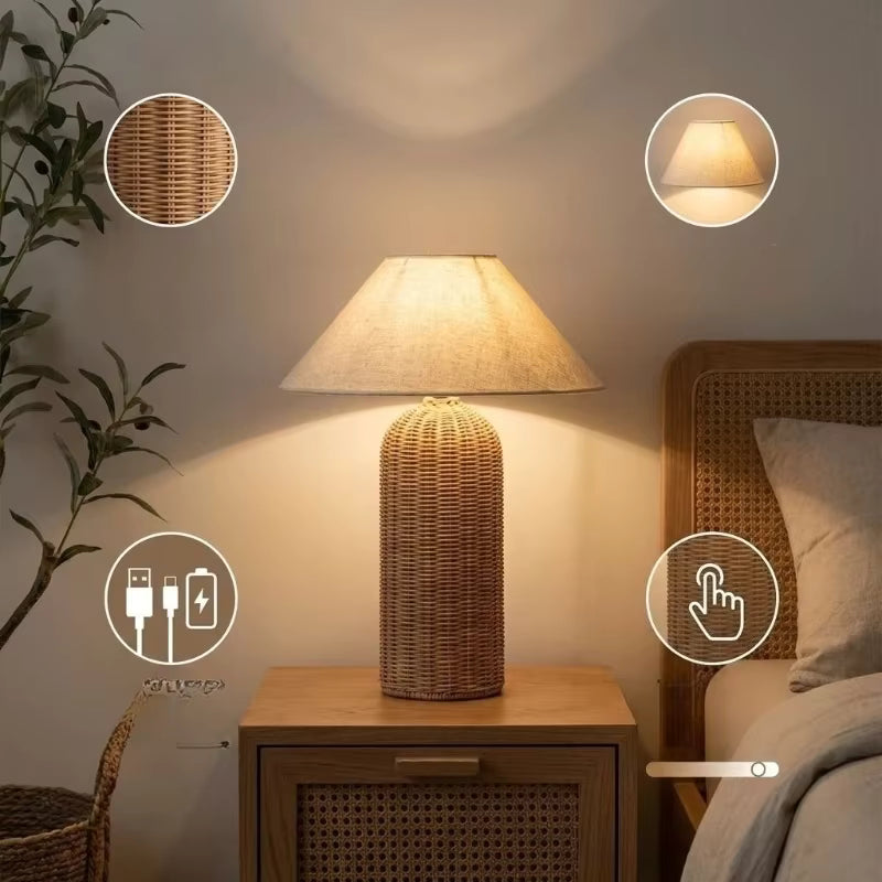 Wicker table lamp on a bedside table with a cozy bedroom setting