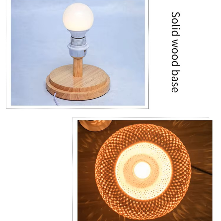 A table lamp with a round light-wood base and a glowing bulb, shown in two views on a white background. One view shows the lamp lit with the text 'Solid wood base' beside it, and the other shows the glowing patterned shade.