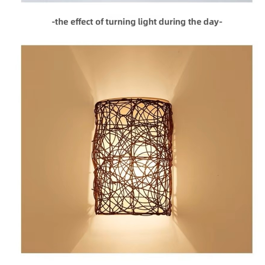 A rectangular wall sconce with a dark brown woven twig or wicker shade, shown illuminated against a beige wall. Text at the top reads, '-the effect of turning light during the day-'.