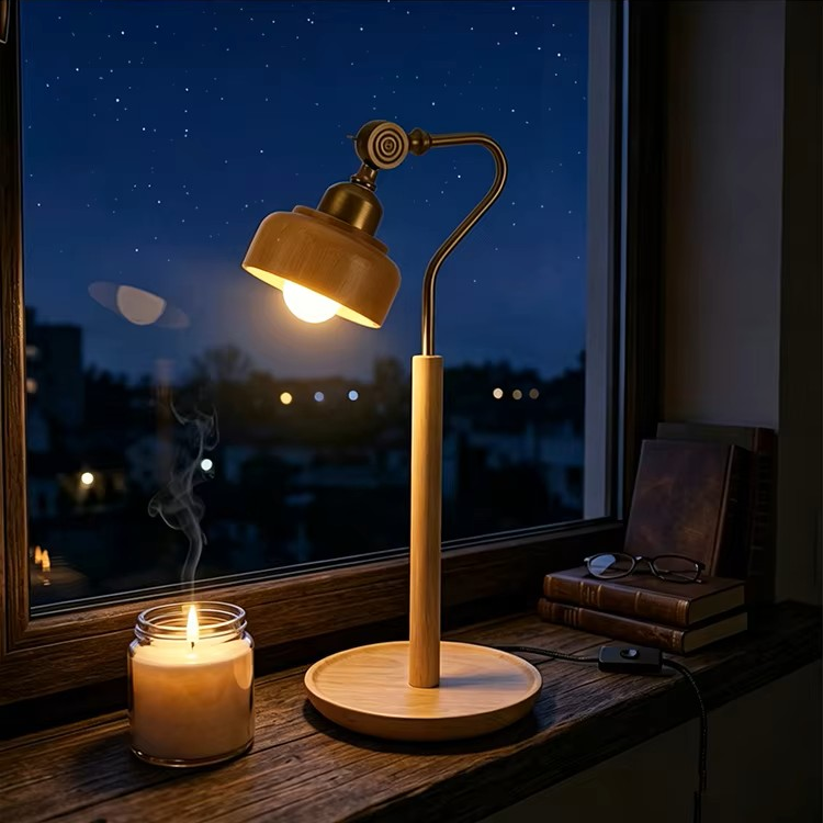 A warm-toned adjustable table lamp with a round wooden base and curved neck stands on a windowsill at night, glowing beside a lit candle and stacked books. The window shows a starry blue evening sky outside.