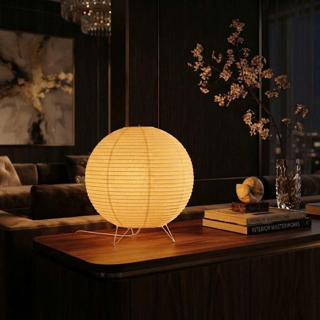 A glowing spherical paper lantern table lamp sits on a wooden console table in a dimly lit living room setting, with books, a vase of branches, and dark wood furniture in the background.