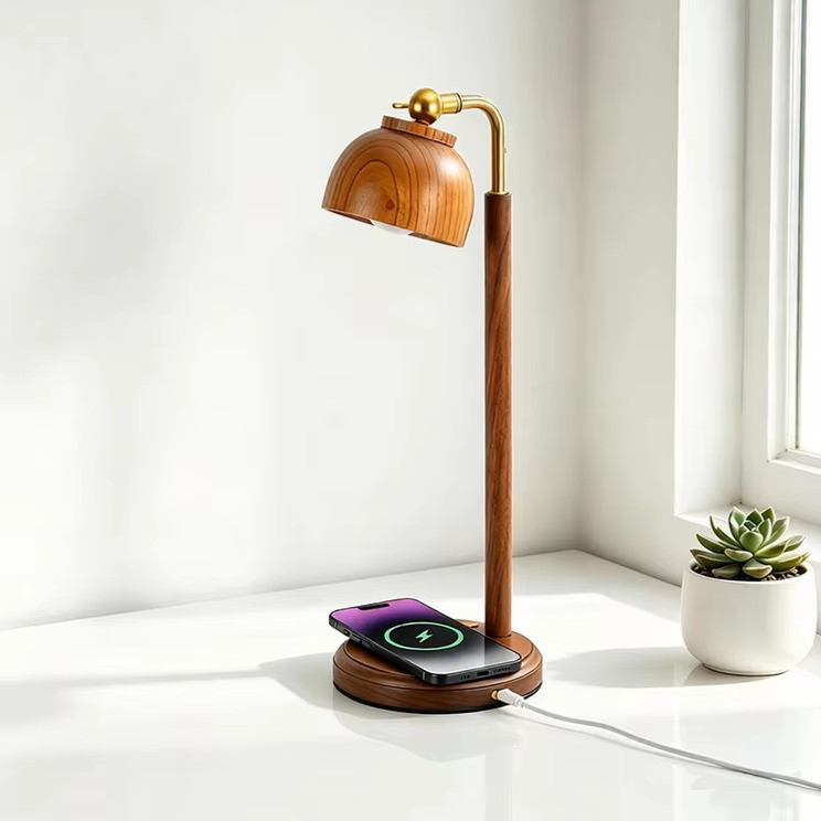 A modern wooden table lamp with a dome-shaped shade, gold-toned metal arm, and a round wooden charging base that holds a smartphone. The lamp sits on a white surface next to a small potted succulent in a bright room.