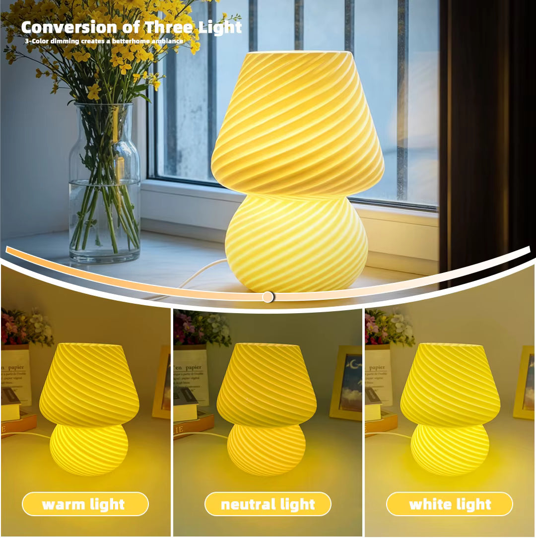 A two-tiered spiral-patterned table lamp shown in a collage format, featuring a main image with a window background and three smaller images below demonstrating warm light, neutral light, and white light modes. Text overlays read 'Conversion of Three Light' and labels for the light modes.