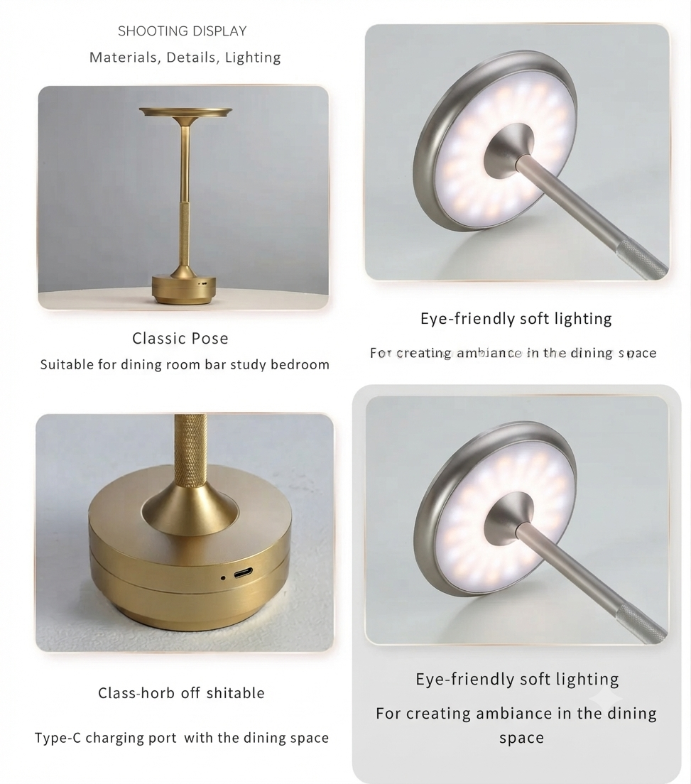 A product infographic showing a modern table lamp from multiple angles with descriptive text. The lamp features a round metallic base, a slim gold-toned stem, and a circular light head that glows with soft white light.
