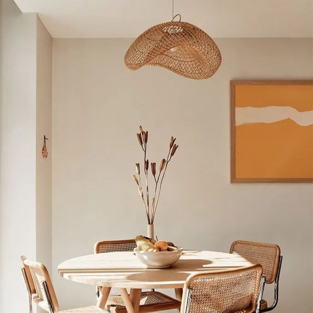 Designer rattan pendant shade featuring high-quality hand-braided materials