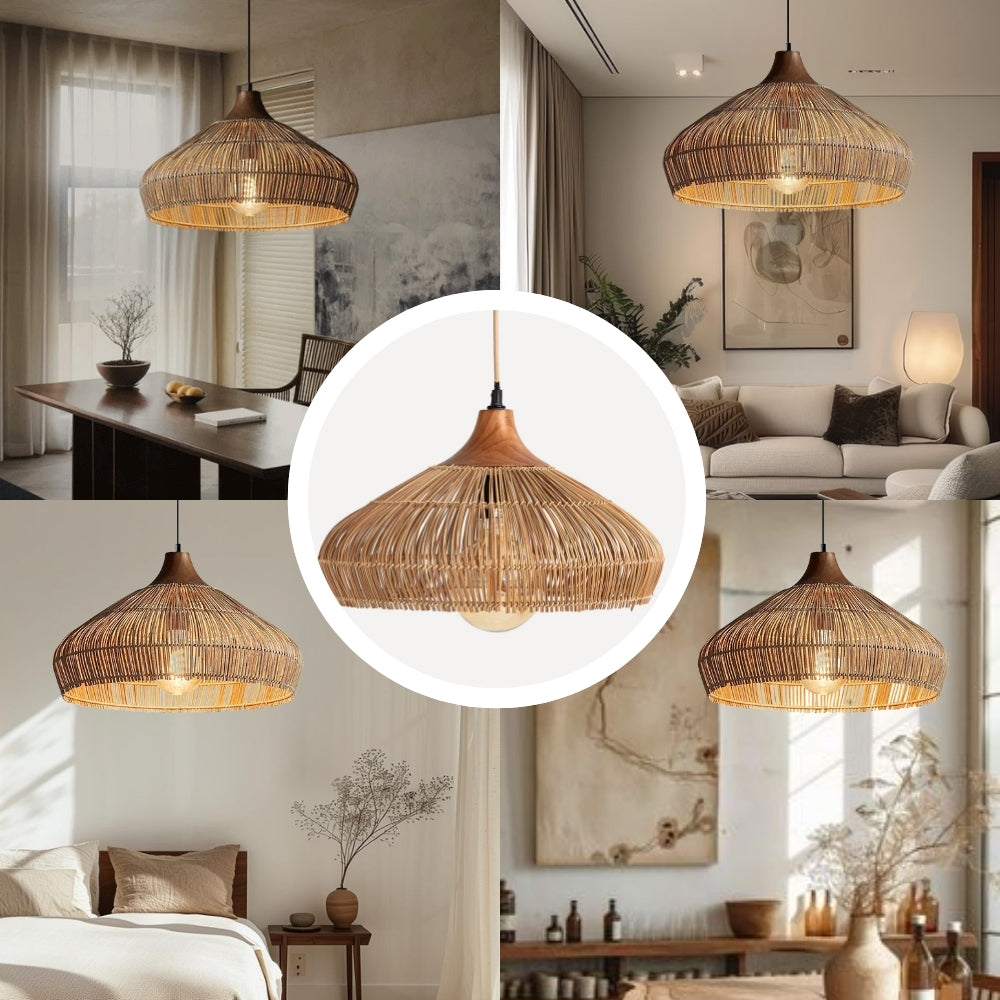 Designer rattan and wood hanging fixture that serves as a modern statement piece
