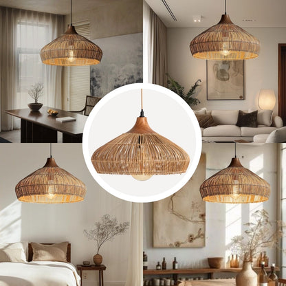 Designer rattan and wood hanging fixture that serves as a modern statement piece