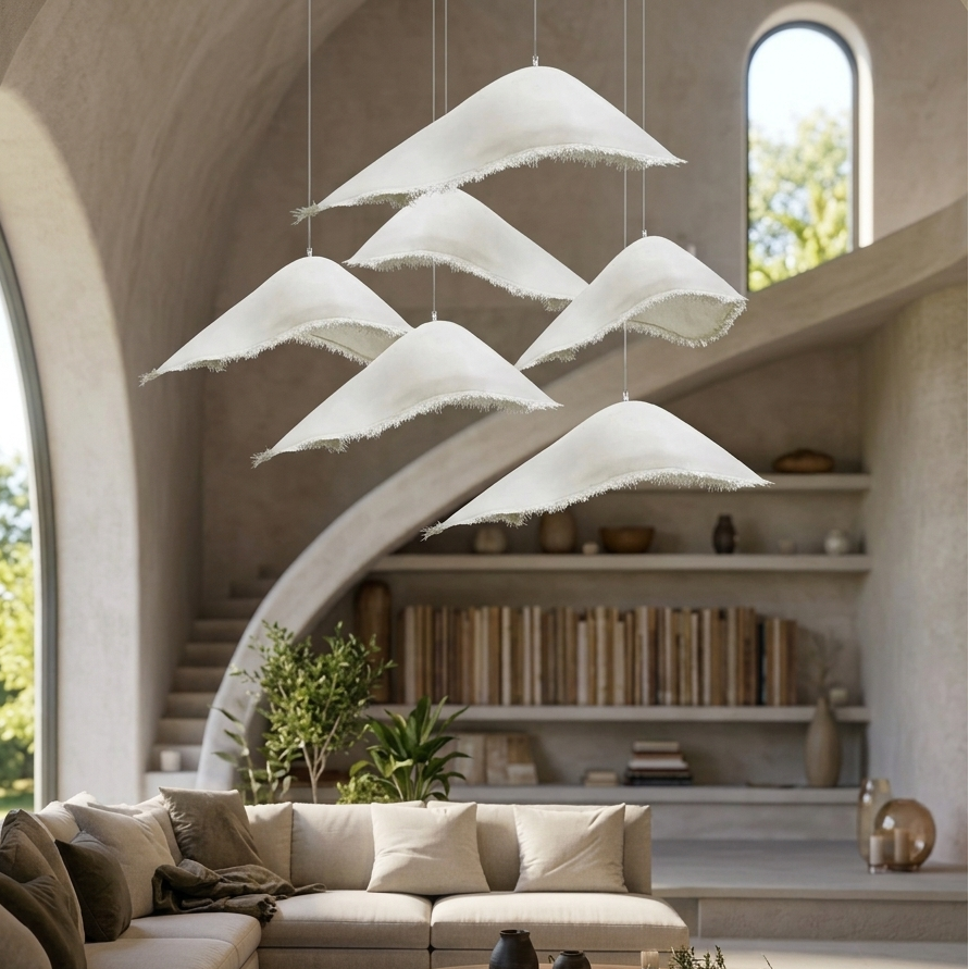 Designer white fringe pendant fixture for living room