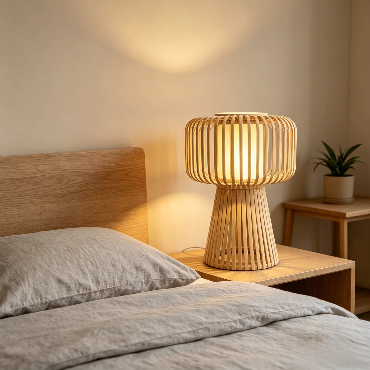 A modern bamboo ribbed table lamp glowing with warm light, placed on a wooden bedside table next to a bed in a softly lit bedroom.