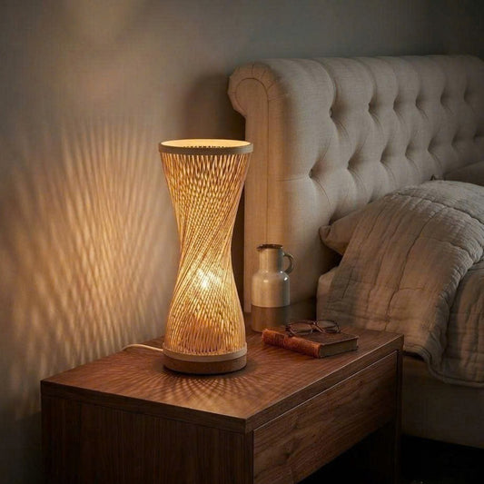 Handmade eco-friendly bamboo desk lamp providing safe, health-conscious ambient illumination in a bedroom.