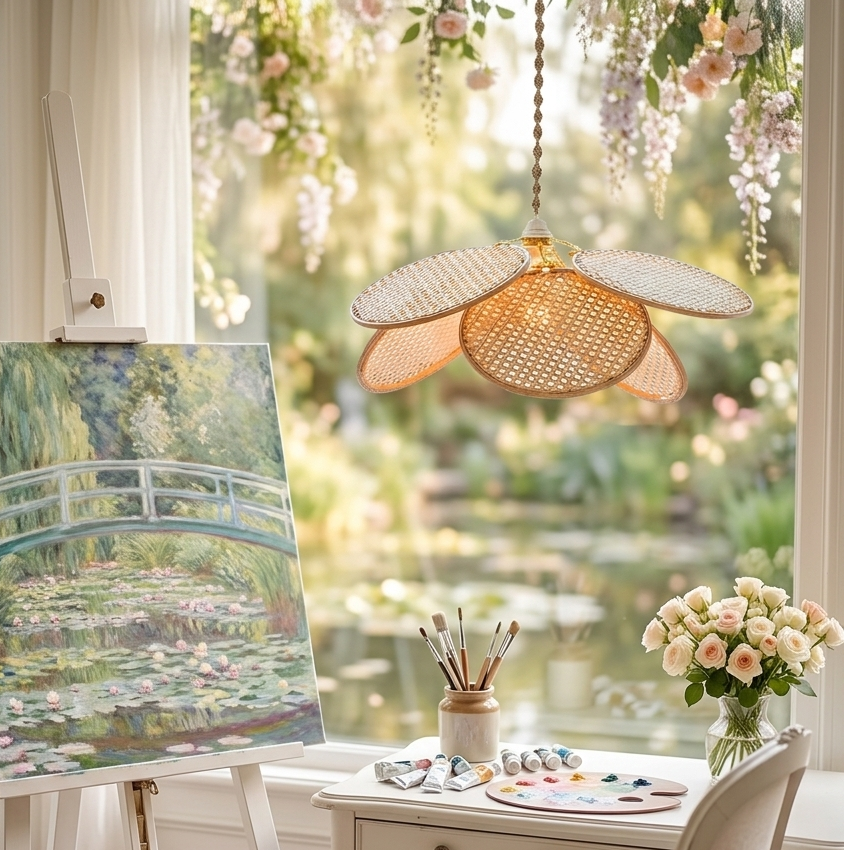 Elegant white art studio corner featuring a Monet-style water lily landscape painting on an easel, styled with a unique petal-shaped rattan pendant light casting a warm glow.