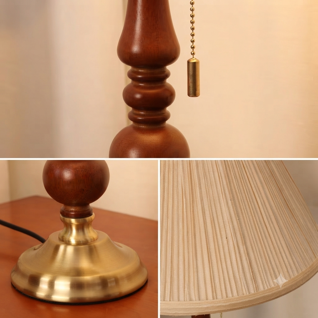 Boho chic style fabric shade table lamp with a turned wood base, adding cozy textile warmth to modern bohemian bedrooms.