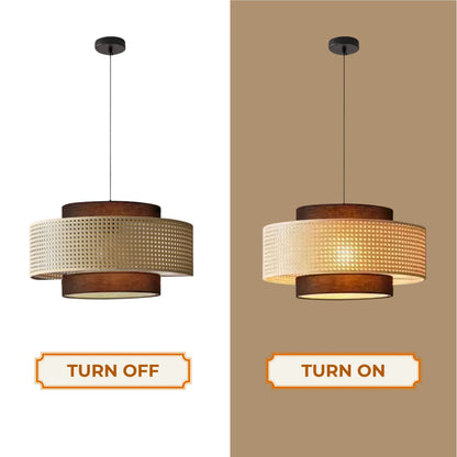 Farmhouse rattan pendant lamp comparing on and off lighting modes