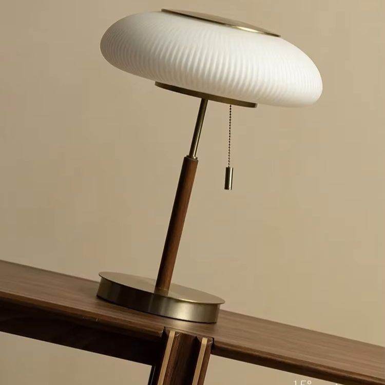 Fluted Glass Shade Bedside Light with Wooden Base and Weighted Metal Stand Nordic Style Lamp