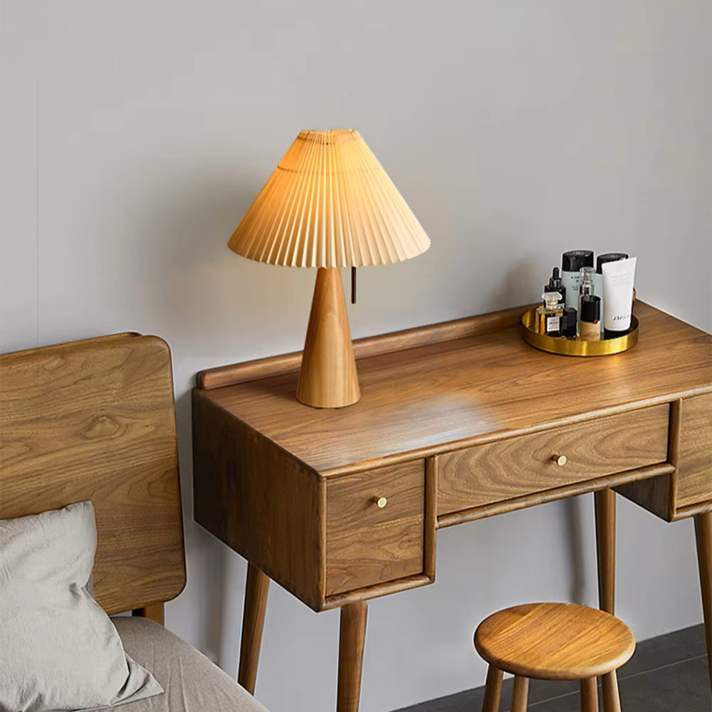 French Retro Wooden Base and Pleated Desk Light with Elegant Soft Glow