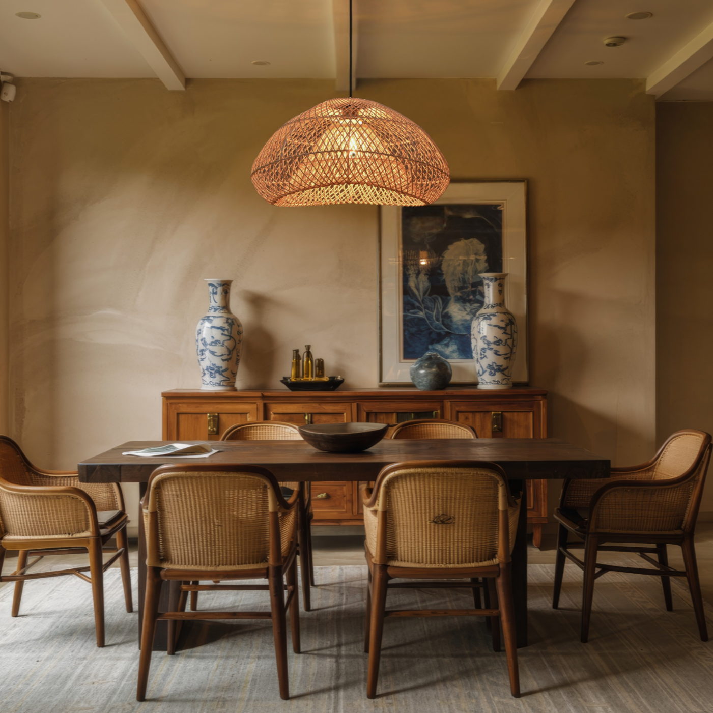 Natural boho-style hanging lamp featuring intricate woven rattan craftsmanship