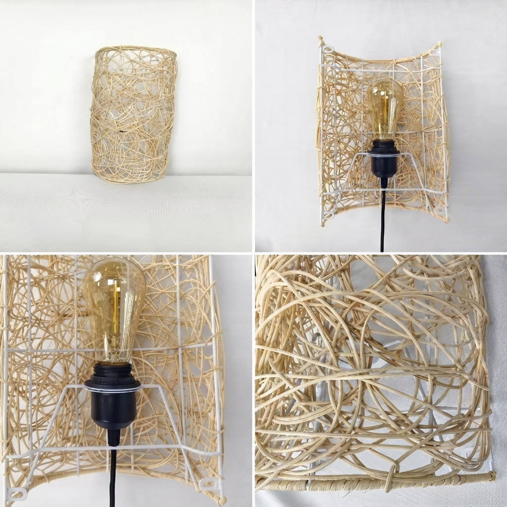 A four-panel collage showing a woven rattan wall lamp shade in different views: front-facing on a shelf, angled on a wall with an exposed bulb, close-up of the bulb socket, and a detailed close-up of the woven texture.