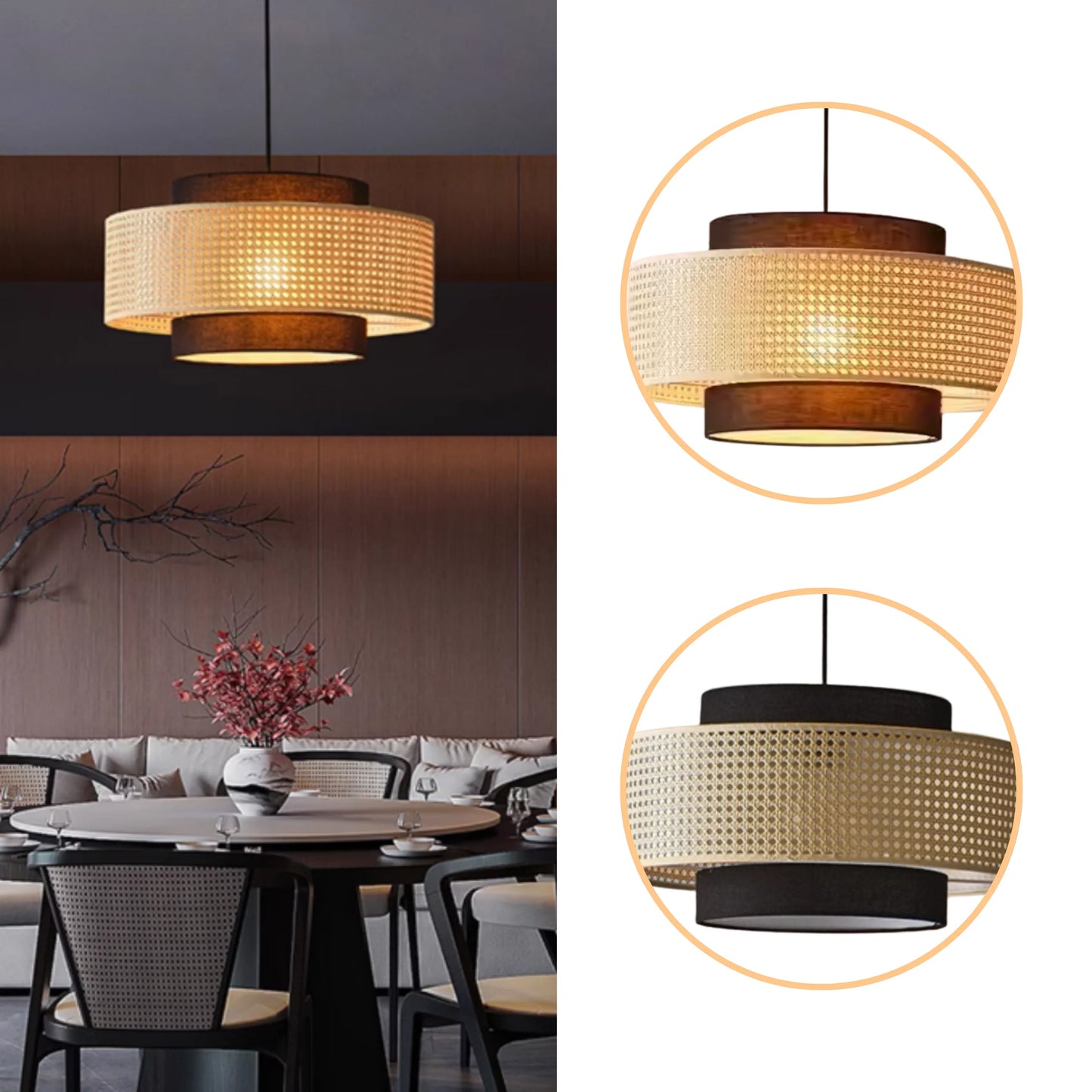 Handcrafted rattan drum light pendant with decorative weaving