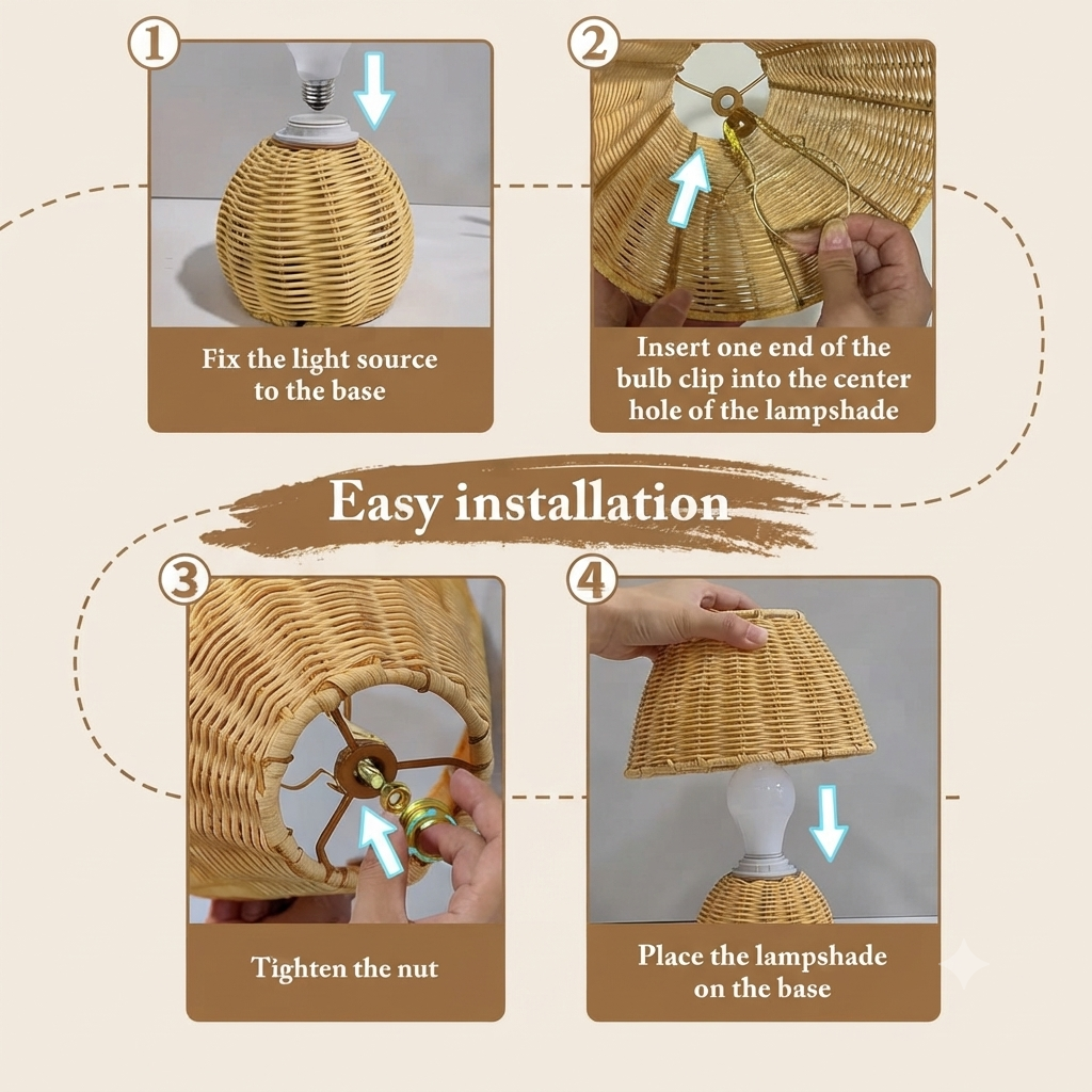 Instruction diagram showing four steps for installing a woven rattan lampshade on a lamp base, with numbered panels, arrows, and text including 'Easy installation'.