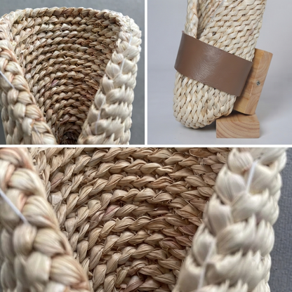 A woven straw basket shown in a three-panel collage: close-up of the basket interior, a side view with a brown leather wrap and wooden support, and a detailed view of the braided texture.