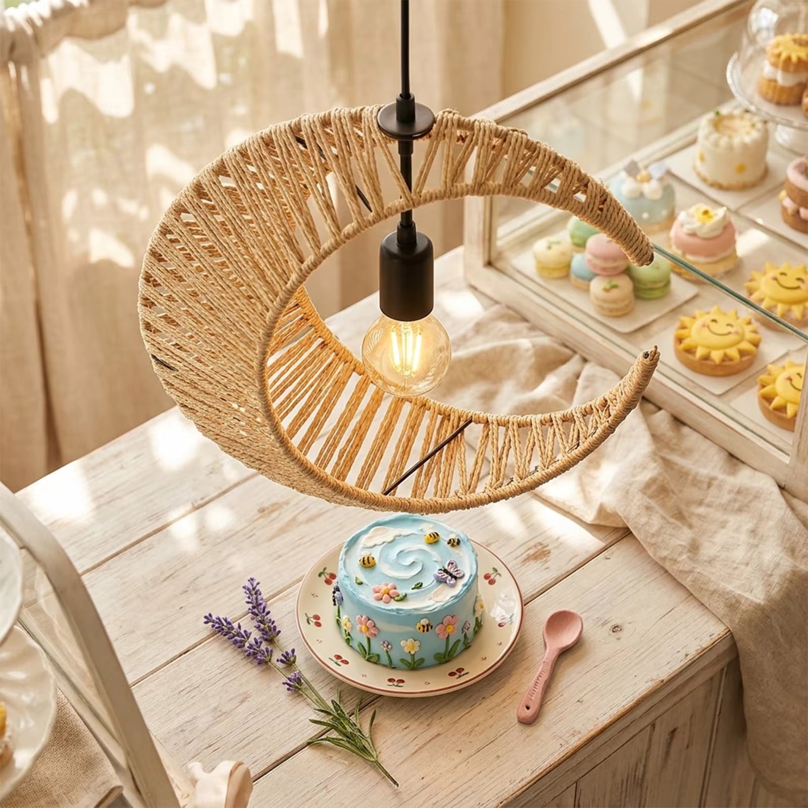 A crescent moon-shaped woven rattan pendant light with a black metal rod and glowing bulb, hanging over a decorated cake on a rustic white wooden table in a cozy bakery setting.